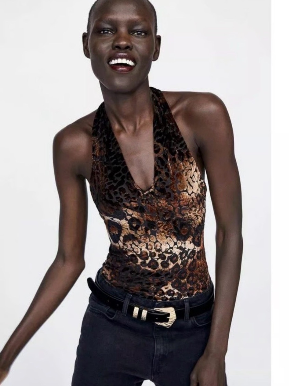 Zara Brown Leopard-Print Halter bodysuit.